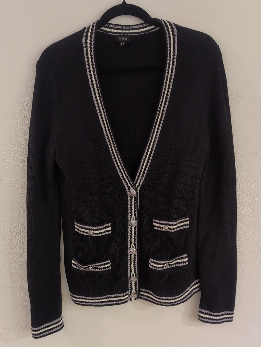 Talbots Black Cardigan with Cream Trim